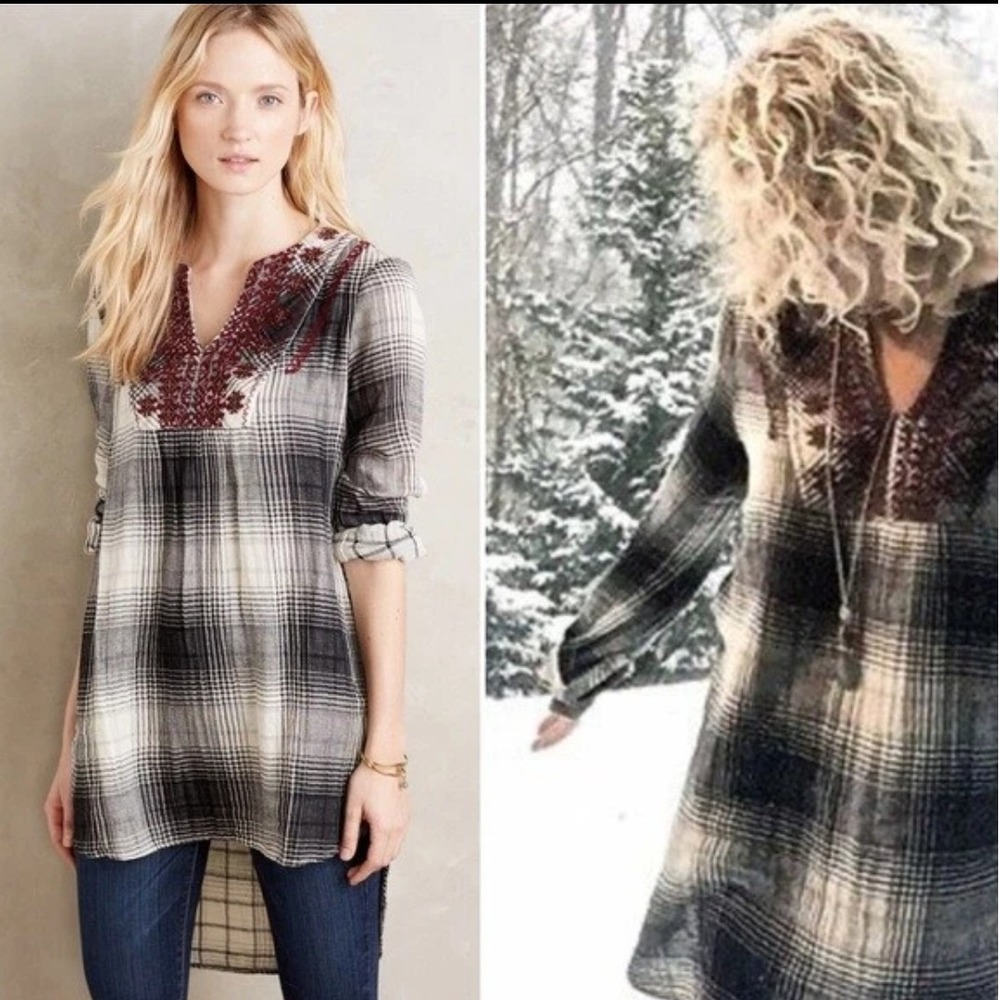 Fluerat Women's Embroidered Plaid Tunic Top Blouse Long Sleeve Size L